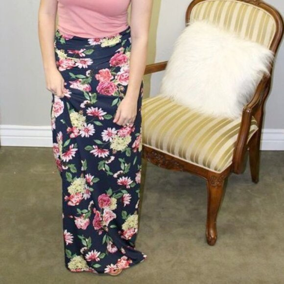 Dark Navy Blue Floral Flower Long Maxi Skirt Samll - Picture 2 of 5